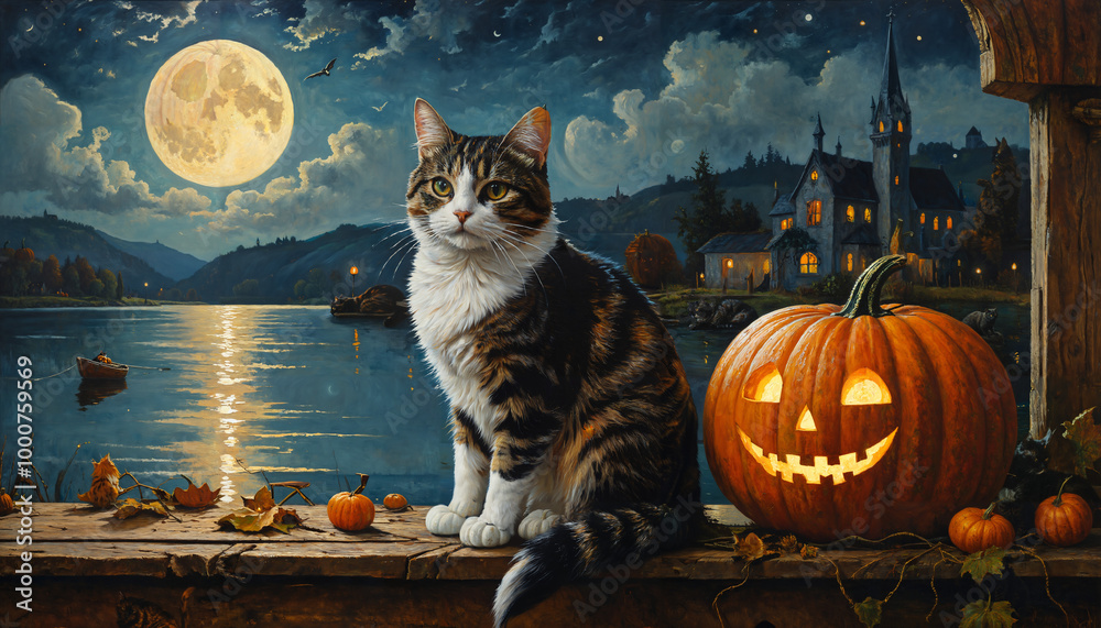 Fototapeta premium Chat et citrouille à la lumière de la pleine lune