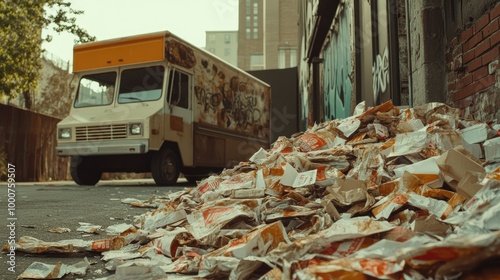 A pile of discarded paper wrappers near a roadside food truck, with the truck in the background. -