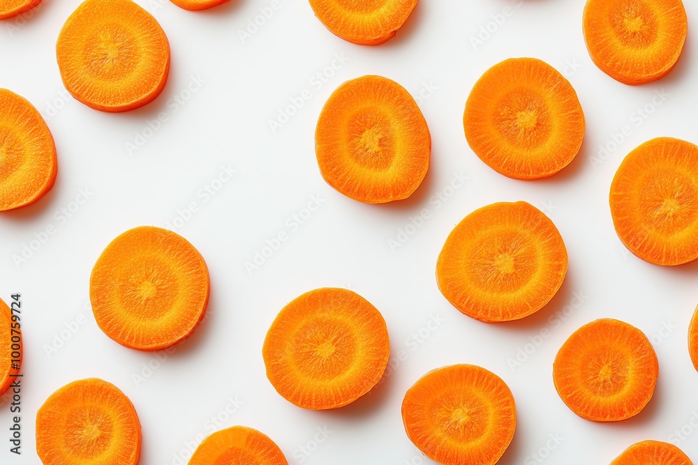 Sliced carrots arranged in a symmetrical pattern on a white background. Sliced carrots arranged in a symmetrical pattern on a white background.