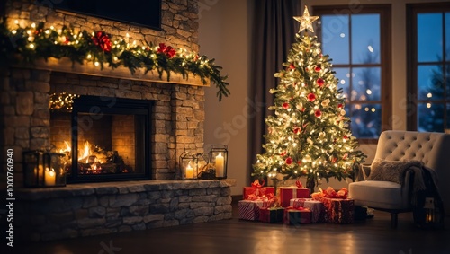 Wallpaper Mural interior christmas. magic glowing tree, fireplace, gifts in dark Torontodigital.ca