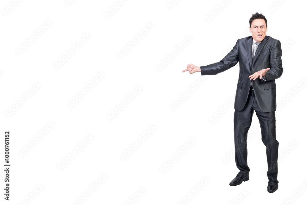 Surprised man in elegant suit pointing aside Surprised man in elegant suit pointing aside
