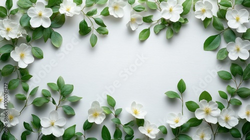 Floral arrangement with white flowers and green leaves on a surface.