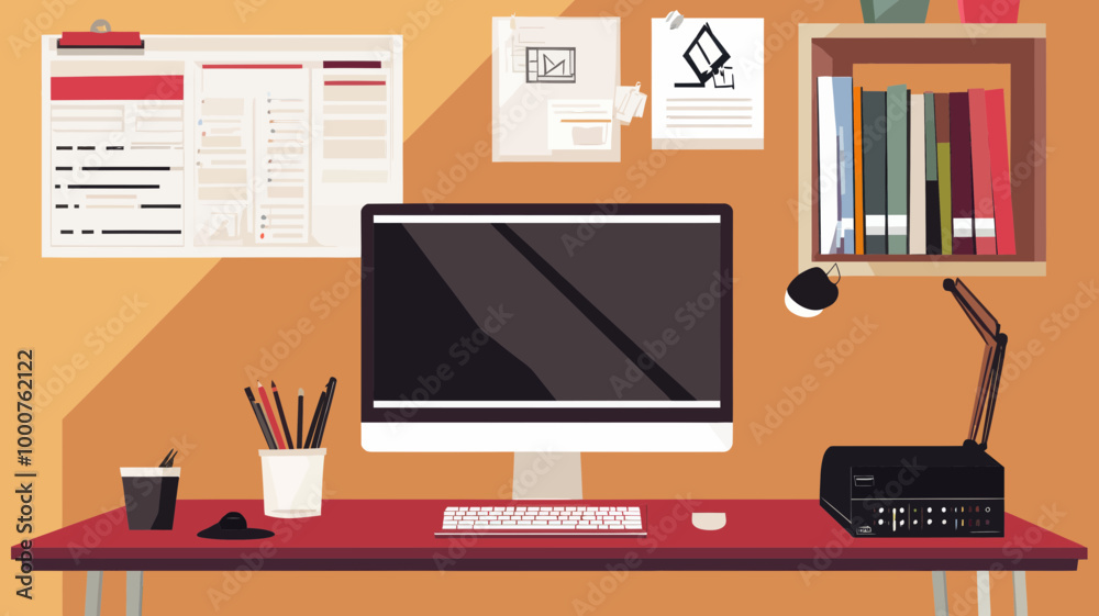 Modern Designer Desk Workspace with Computer, Office Supplies, and Books in Home Office Environment - Focus on Creativity, Organization, and Productivity Modern Designer Desk Workspace with Computer, Office Supplies, and Books in Home Office Environment - Focus on Creativity, Organization, and Productivity