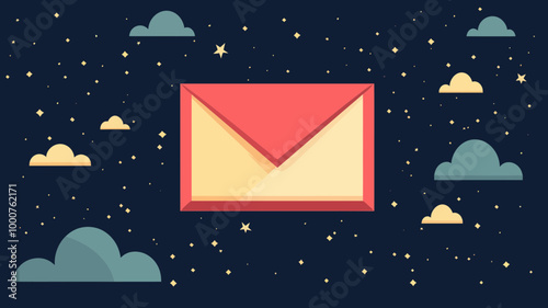 Vector Illustration of Email Envelope in Night Sky Background for Web Mail Concept, Communication and Online Services Graphic, Starry Sky with Clouds