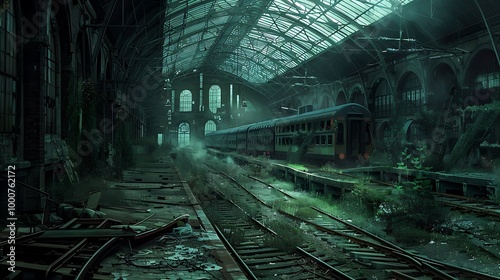 An abandoned train station, overgrown with plants and shadows, creates an eerie atmosphere filled with derelict trains and decaying architecture.