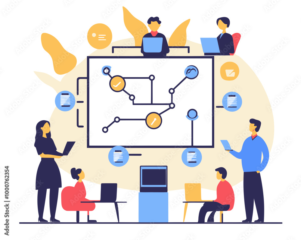 Flat Minimalist Business Process Workflow Diagram with Diverse Team Collaborating on Strategy and Solutions Flat Minimalist Business Process Workflow Diagram with Diverse Team Collaborating on Strategy and Solutions