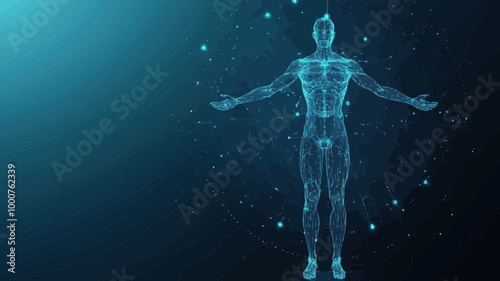 Digital Vitruvian Human: Abstract Polygonal Wireframe Anatomy on Technological Blue Background, Da Vinci Inspired Concept in Flat Minimalist SVG Vector Illustration