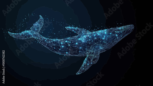 Low Poly Blue Whale Digital Marine Animal Vector, Polygonal Wireframe Whale in Starry Sky Concept, Minimalist SVG Art with Lines and Dots, Cosmos Inspired Connection Structure