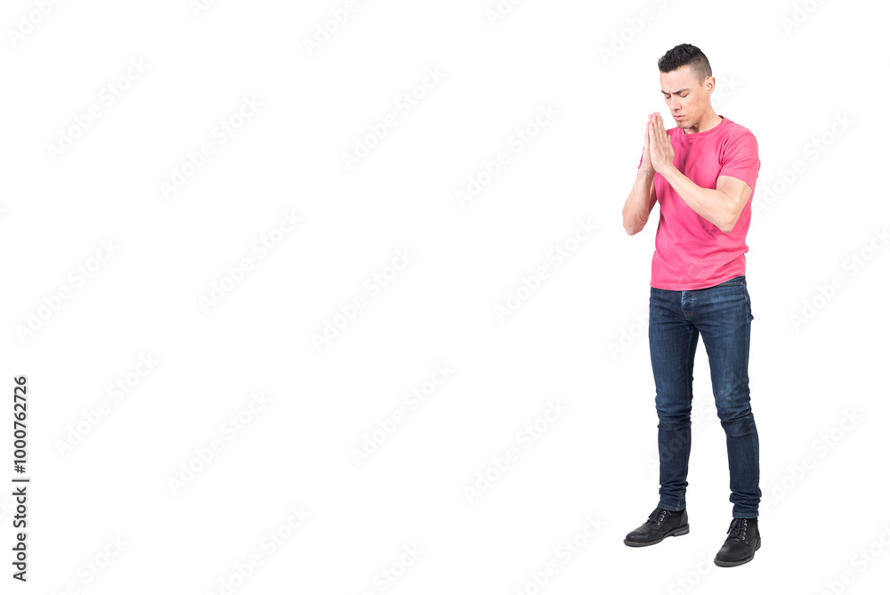 Peaceful man praying with closed eyes Peaceful man praying with closed eyes