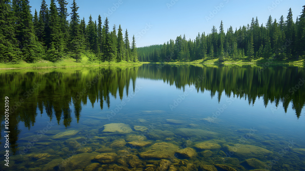 Serene Forest Lake with Crystal Clear Water and Majestic Pine Trees Serene Forest Lake with Crystal Clear Water and Majestic Pine Trees