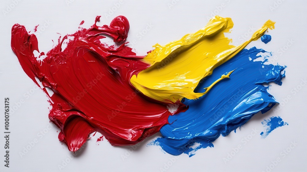 Fototapeta premium A painting of red, yellow, and blue paint splatters on a white background