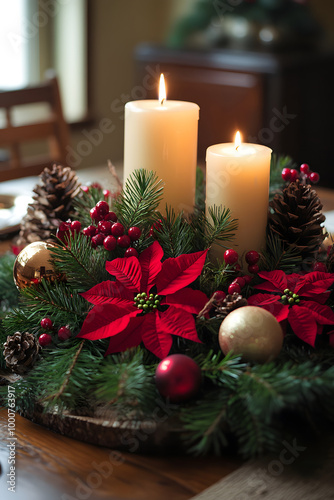 Elegant Christmas Table Centerpiece with Candles and Poinsettia