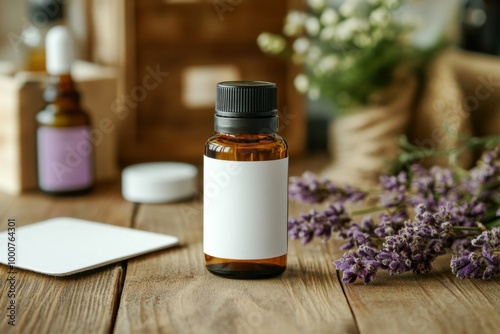 bottle of essential lavender oil with white blank label mockup on wooden table photo