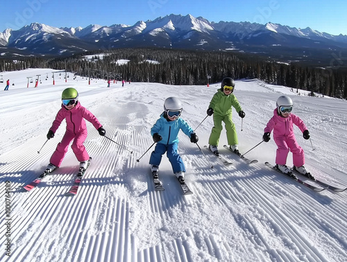 A family in neon-colored sk...