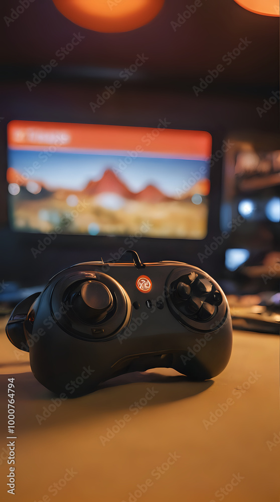 Fototapeta premium a black controller sitting on a table in front of a tv