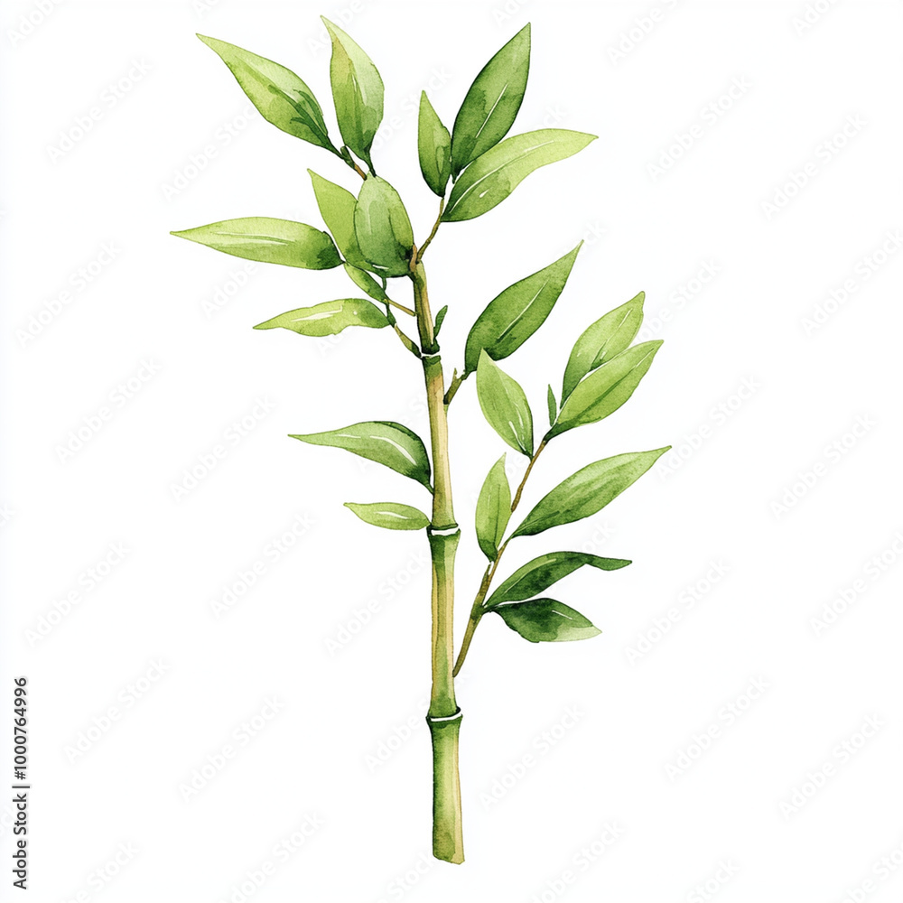 Obraz premium Watercolor illustration of single thin bamboo stalk with vibrant green leaves, showcasing beauty of nature and tranquility