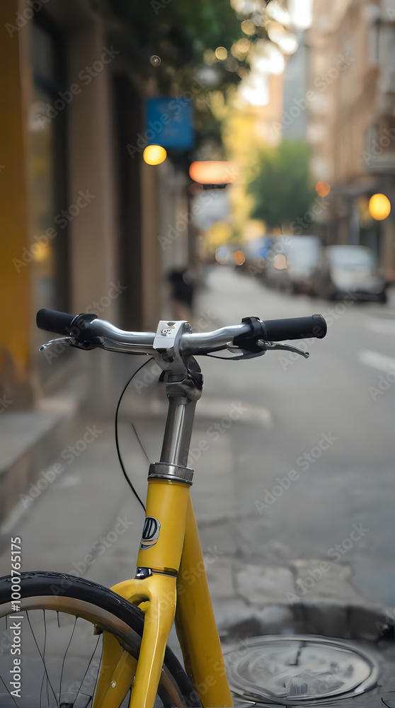 Obraz premium yellow bicycle parked on the side of the road in front of a building