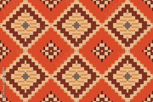 Pixel Geometric Ikat Weaving Patternfolk Embroidery, Aztec Geometric Ornament Print. Design for Carpet, Wallpaper, Clothing, Wrapping, Fabric