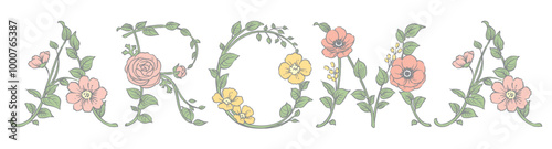 お花のスケッチ風、デザイン文字で作ったAROMA。ベクター素材。