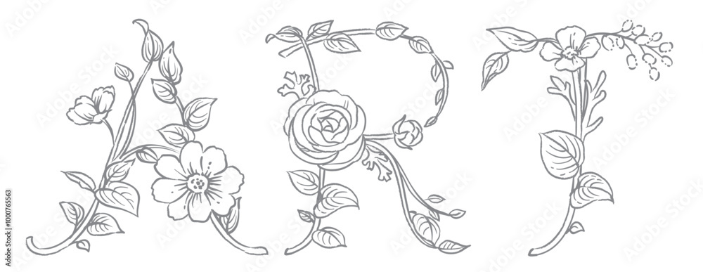 お花のスケッチ風、デザイン文字で作ったART。ベクター素材。 お花のスケッチ風、デザイン文字で作ったART。ベクター素材。