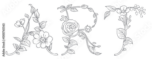 お花のスケッチ風、デザイン文字で作ったART。ベクター素材。