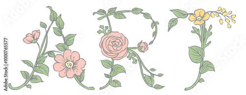 お花のスケッチ風、デザイン文字で作ったART。ベクター素材。