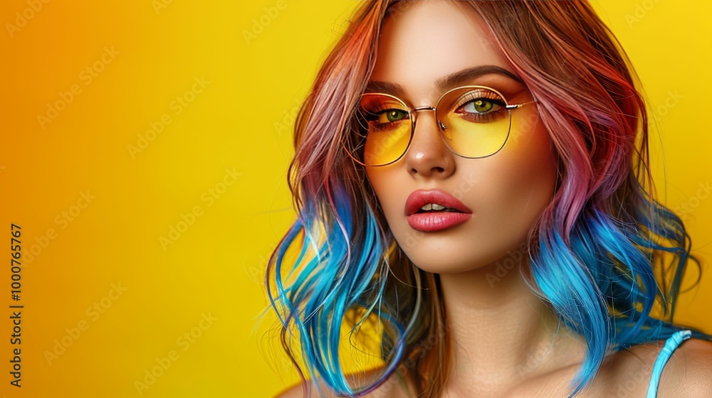 Woman with Blue and Pink Hair Wearing Yellow Sunglasses Woman with Blue and Pink Hair Wearing Yellow Sunglasses