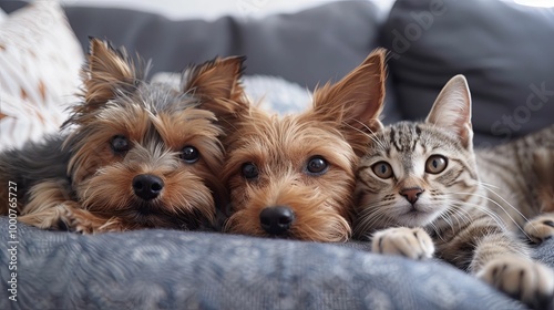 Two Yorkshire Terriers and a Tabby Cat Resting Together on a Couch