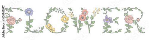 お花のスケッチ風、デザイン文字で作ったFLOWER。ベクター素材。