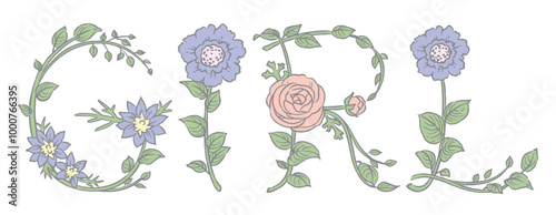 お花のスケッチ風、デザイン文字で作ったGIRL。ベクター素材。