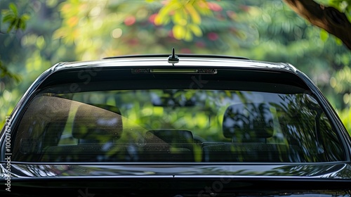 Black Car Rear Window with Blurred Green Background
