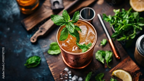 A beautifully crafted cocktail served in a copper mug, garnished with fresh herbs, surrounded by cocktail-making tools and ingredients