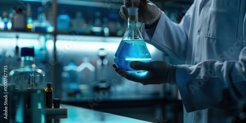 Scientist Holding a Beaker with Blue Liquid in a Laboratory