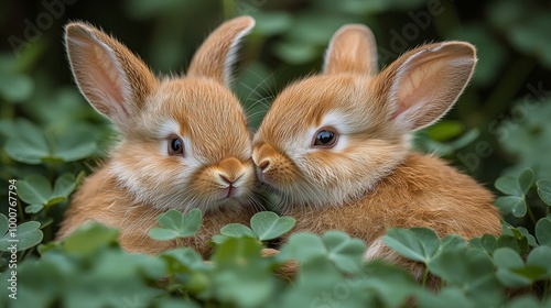 Two baby bunnies snuggling together in a soft patch of clover, conveying a sense of friendship and companionship, ideal for Easter or spring-themed designs Generative AI photo