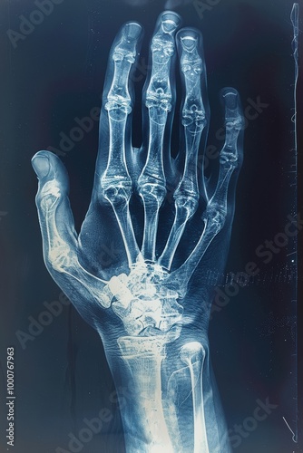 X-ray image of a human hand shows the structure of bones and joints with clear visibility of the skeletal anatomy