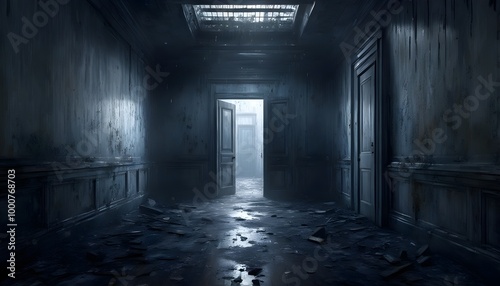 Haunting Abandoned Hallway with Peeling Paint and Debris, Capturing Dark, Spooky Atmosphere Perfect for Horror or Post-Apocalyptic Themes