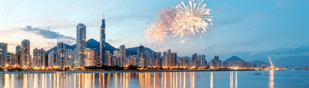 Glittering Cityscape: New Year's Eve Celebration with Fireworks Display Glittering Cityscape: New Year's Eve Celebration with Fireworks Display