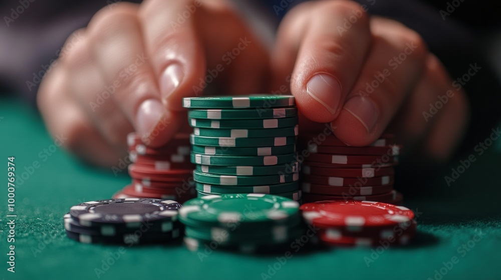 A hand is holding a pile of poker chips A hand is holding a pile of poker chips