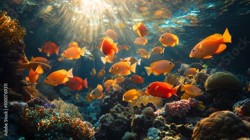 Colorful School of Fish Swimming in Unison through Coral Reef Generative AI