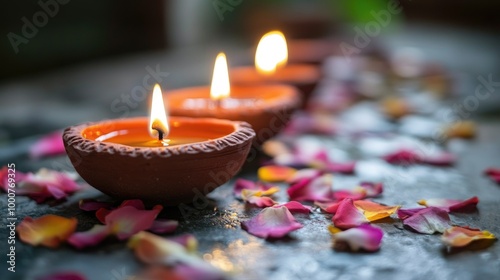 Lit clay diyas casting a soft, inviting glow during Diwali, with flower petals scattered around, creating a serene mood