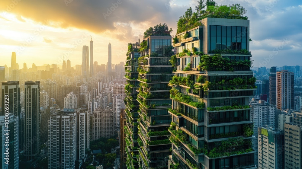 Obraz premium Modern urban skyline with skyscrapers featuring integrated greenery and sustainable architectural elements.