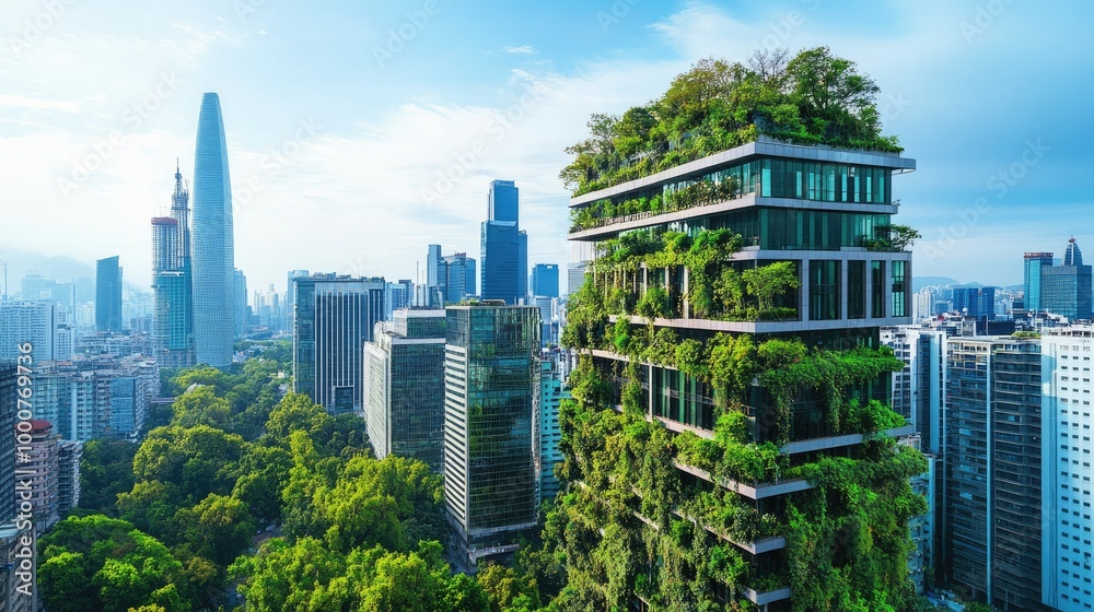Obraz premium Modern urban skyline with skyscrapers featuring integrated greenery and sustainable architectural elements.