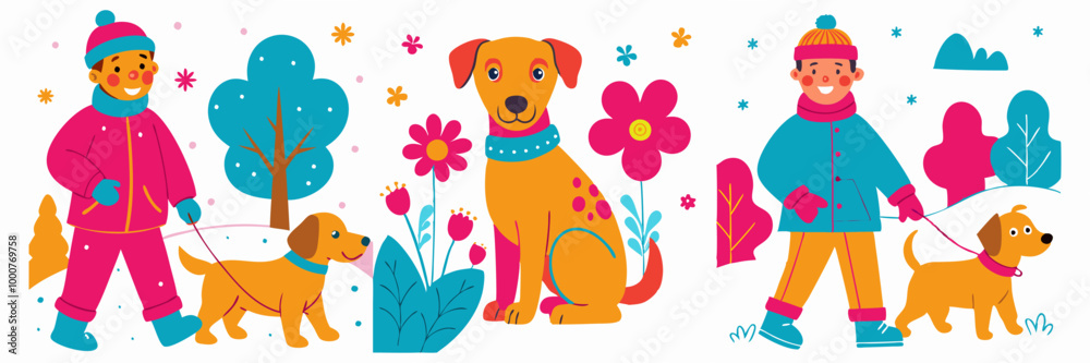 Naklejka premium Set of colorful vector illustrations with children and dogs in flat style.Boys and girls playing with their pets.Collection of isolated on white background colorful images