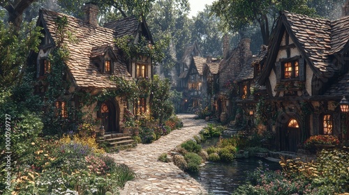 A Cozy Village in an Enchanted Valley for Fantasy or Travel Concepts Generative AI photo