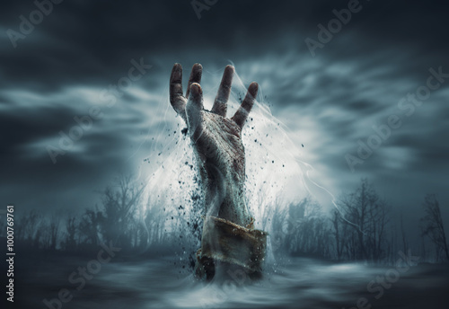 Zombie hand rising in the night photo