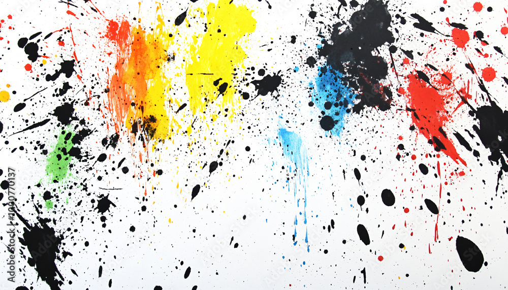 Random bursts and splatters of ink in black and white or vibrant colors, evoking a raw, artistic energy Random bursts and splatters of ink in black and white or vibrant colors, evoking a raw, artistic energy
