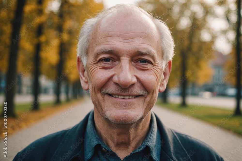 Close portrait of a smiling senior Polish man looking at the camera, Polish outdoors blurred background Close portrait of a smiling senior Polish man looking at the camera, Polish outdoors blurred background