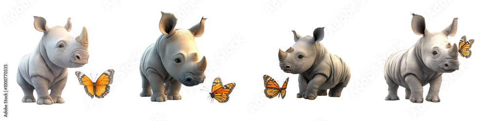 Fototapeta premium Whimsical and enchanting of a rhinoceros surrounded by colorful butterflies in a dreamlike fantastical landscape The scene depicts a harmonious