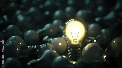 One illuminated light bulb glowing brightly amongst a group of dim bulbs, symbolizing originality and creativity