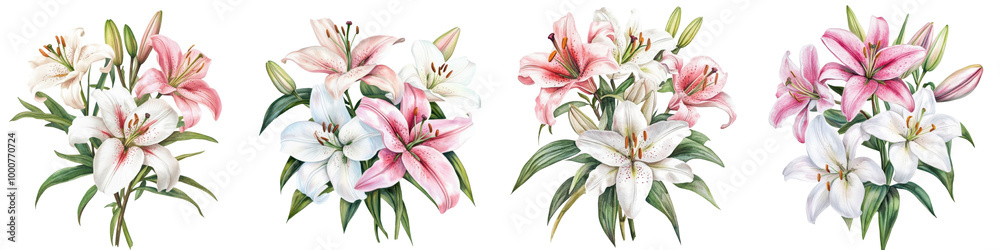 Elegant Floral Bouquet with Pink and White Lilies and Roses in Bloom Arrangement  Luxurious romantic and vibrant display of fresh spring or summer flowers in a natural botanical setting